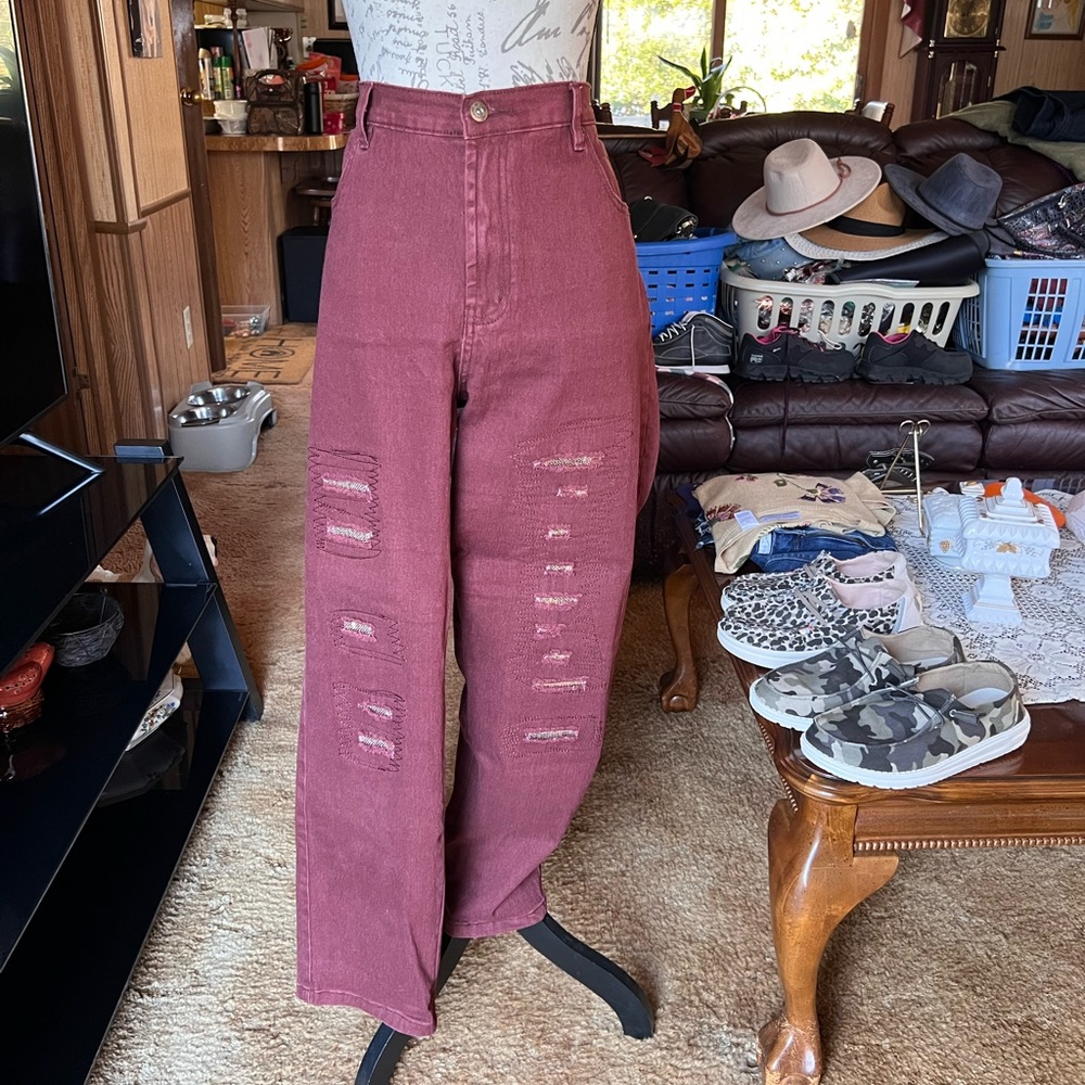 Woman’s Diane Gilman wine red color with gold sequins patches jeans size 14.